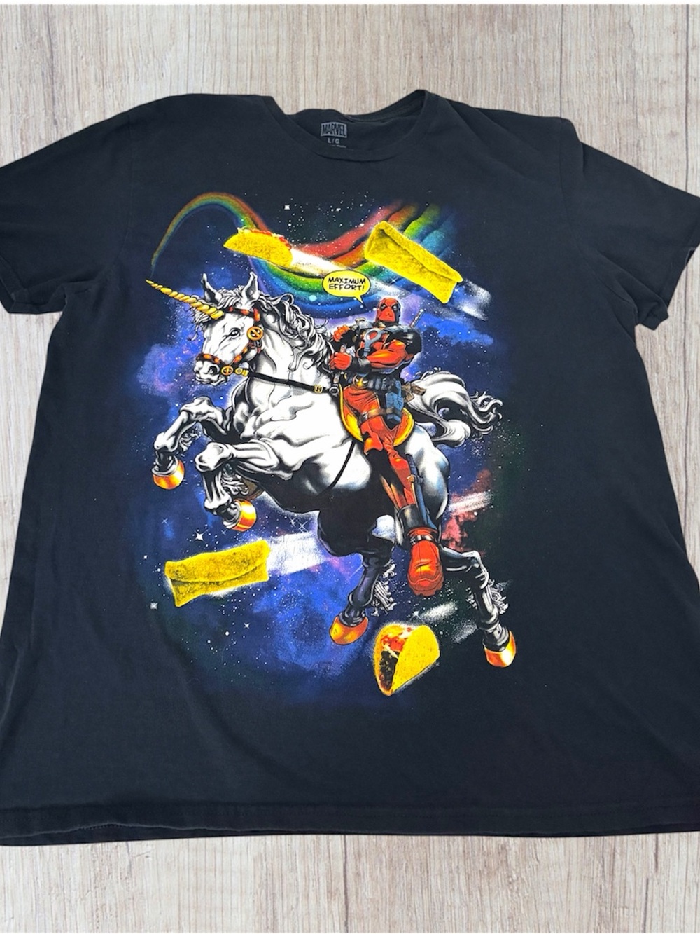 Marvel Comics Deadpool Black Graphic T-Shirt Maximum Effort Unicorn Men’s Large